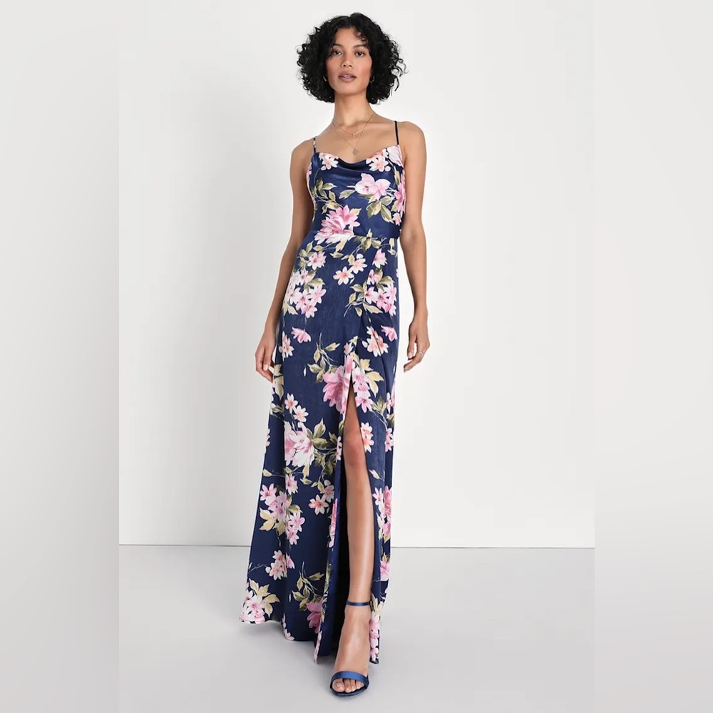 Lulus XS Love‎ of Romance Navy Floral Print Satin Cowl Neck Maxi Dress